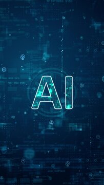 Motion graphic of Blue digital AI letter and futuristic circle HUD big data processed with grid line and icon on screen abstract background Artificial intelligence technology and chat bot concept