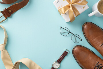 Elevate Father's Day with an elegant touch. Top view leather shoes, necktie, clock, spectacles, belt, gift box, coffee mug, men's accessories on pastel blue backdrop, empty frame for text