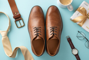 A stylish Father's Day idea. Top view of leather shoes, necktie, wristwatch, spectacles, belt, present box, coffee cup, men accessories on pastel blue background