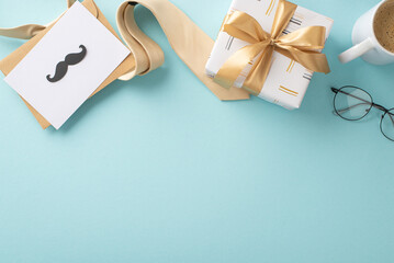 Delight Dad with a refined Father's Day. A top view of tie, glasses, gift box with bow, envelope...