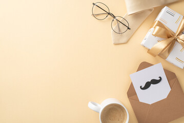 Celebrate Dad's style with top view of necktie, spectacles, mustaches, giftbox with ribbon bow, envelope with postcard, coffee mug, on a beige background with an empty space for text or advert