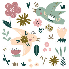Collection of vector flowers and birds in scandinavian style. Vector illustration isolated on white background for your design