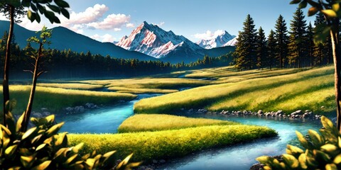 Serene landscape with a river flowing through a lush green valley