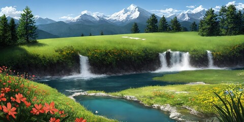 Scenic Waterfall in the Mountains with Flowers