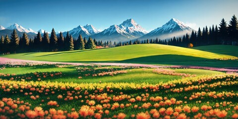 Serene Mountain Landscape with Flowers and Trees