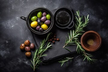 olives, rosemary, and salt presented in a rustic style on a slate board Generative AI