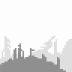 Post-Apocalyptic Industrial City Building over Pile Mountain, Pixelated Monochrome Background