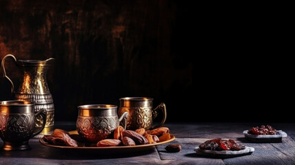 Dates nuts on a metal dish, dark background. National dish for events of Muslims and Islam, Ramadan Kareem, Mubarak, Eid-al-adha Generative AI