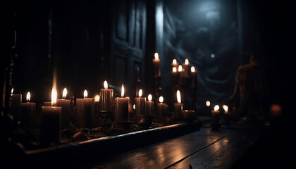 Fototapeta na wymiar Black creepy Candlelight in dark spooky room, generative ai