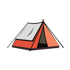 Orange tent for tourism, cartoon sketch of tourist equipment. Vector for the design of banners, signs, stickers, printed products