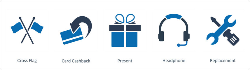 A set of 5 Business icons as cross flag, card cashback, present