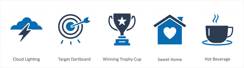 A set of 5 Business icons as cloud lightning, target dashboard, winning trophy cup