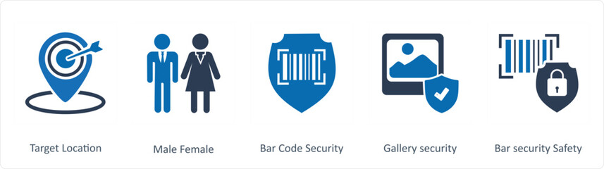 Obraz premium A set of 5 Business icons as target location, male female, bar code security