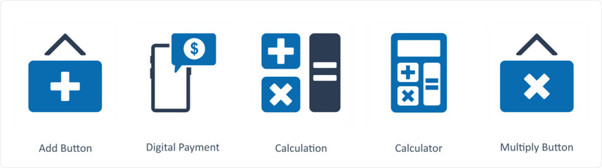 Obraz premium A set of 5 Business icons as add button, digital payment, calculation