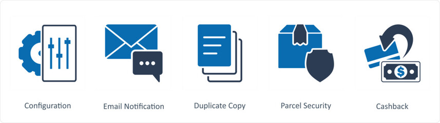 A set of 5 Business icons as configuration, email notification, duplicate copy