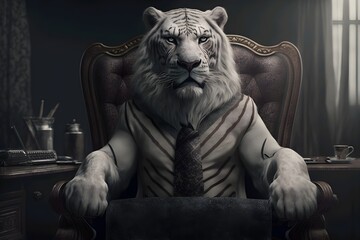 Portrait of a tiger in a suit sitting in a chair. Generative ai illustration