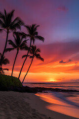 Fototapeta na wymiar Spectacular Sunset on Sandy Beach with Palm Trees - Relaxation Destination