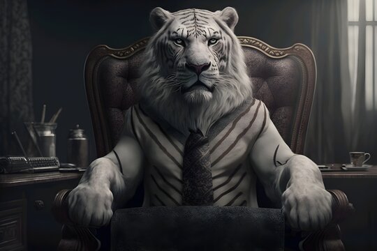 Portrait of a tiger in a suit sitting in a chair. Generative ai illustration © ardanz