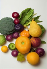 Colorful Studio Photography of Fresh Fruits and Veggies for a Vibrant Healthy Eating Background. Top View with High-Resolution Quality Products. generative ai.