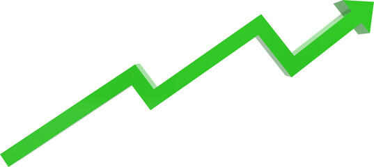 Green arrow showing upward business earnings on white background,3d rendering