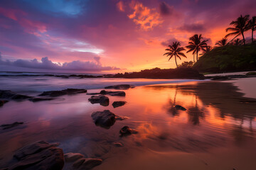 Fototapeta na wymiar Stunning Sunset on Sandy Beach with Palm Trees - Tropical Paradise Landscape