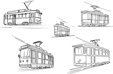 tram in the city line art vector  - obrazy, fototapety, plakaty