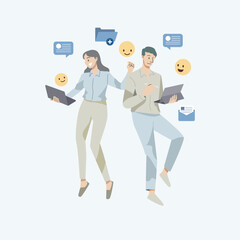 Happy business team people flaoting celebrating success in the air.The concept of happiness, joy and success.Vector illustration.