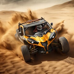 Futuristic concept of a 4x4 off-road side by side vehicle in the sand