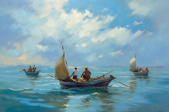 Bacas de pescadores. Estilo pintura al &oacute;leo