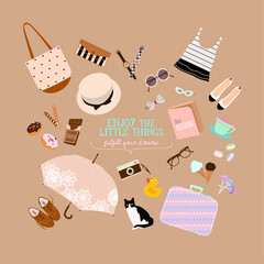 Vector set of cute feminine elements. Little Things, symbols of diaries.