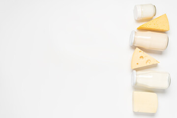 Variation of organic dairy products. Farm cheese, milk, yogurt, cottage cheese on white background with copy space