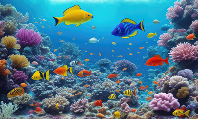 Naklejka na ściany i meble Underwater world. Coral reef and fishes. Animals of the underwater sea world. Ecosystem. Colorful tropical fish. Life in coral reef. Generative AI