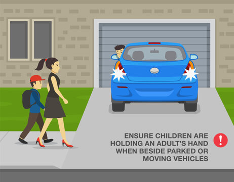 Pedestrian Safety Tips And Rules. Ensure Children Are Holding An Adult's Hand When Beside Parked Or Moving Vehicles. Car Is Moving Reverse In The Driveway. Flat Vector Illustration Template.