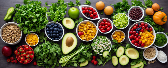 Healthy food: fruit, vegetable, seeds, superfood, cereal, leaf vegetable on gray concrete background. Health food for fitness with fruit, vegetables, pulses, herbs, nuts, grains. Generative AI