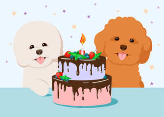 A holiday card with cute dogs, a poodle and a bichon with a cake.