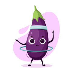 Funny eggplant twists the hoop. Cute vegetable does sports.


