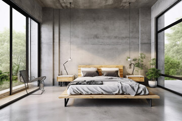 Loft Bedroom Interior with Concrete Wall, Generative AI