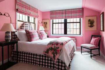 Inviting Bedroom with Pink Plaid, Generative AI
