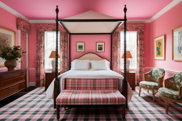 interior of a bedroom Comfortable and Inviting Bedroom with Pink Plaid, Generative AI