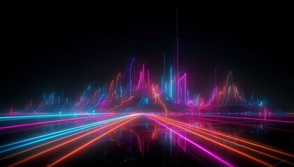 Fototapeta na wymiar Futuristic sci-fi cityscape with neon lights and black background.