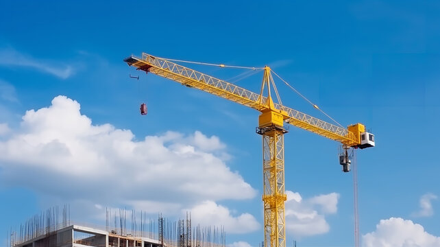 construction site and yellow crane on the background blue sky, panoramic - Generative AI