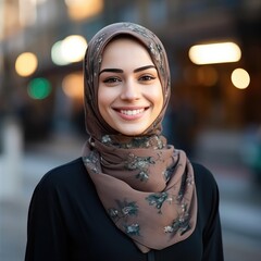 Smiling beautiful middle eastern teenage girl wearing a hijab looking at the camera. Generative AI
