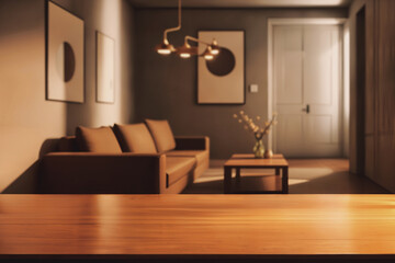 Table top with Blurred sofa Home interior decoration