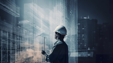 Future building construction engineering project devotion with double exposure graphic design. Building engineer working with modern civil equipment technology  - Generative AI