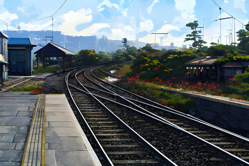 Naklejka premium Railway train station in the countryside in a clear blue sky Generated Ai