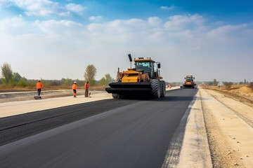 Fototapeta na wymiar Construction site is laying new asphalt road pavement, road construction workers and road construction machinery scene, highway construction site landscape - Generative AI
