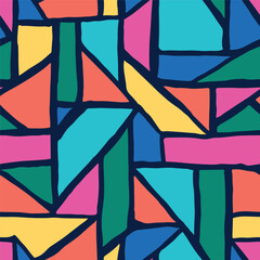 Seamless abstract hand drawn geometric pattern in bright colors