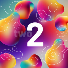 set of white numbers, multicolored shapes in the background, 3d rendering, two