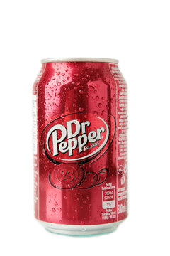 Mykolaiv, Ukraine - May 2, 2023: Can of Dr. Pepper on white isolated background, with water drops.