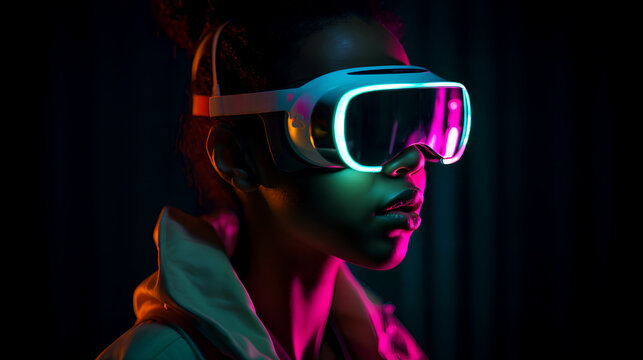 African American Girl wearing Virtual Reality Glasses VR Neon Lights Modern Futureism